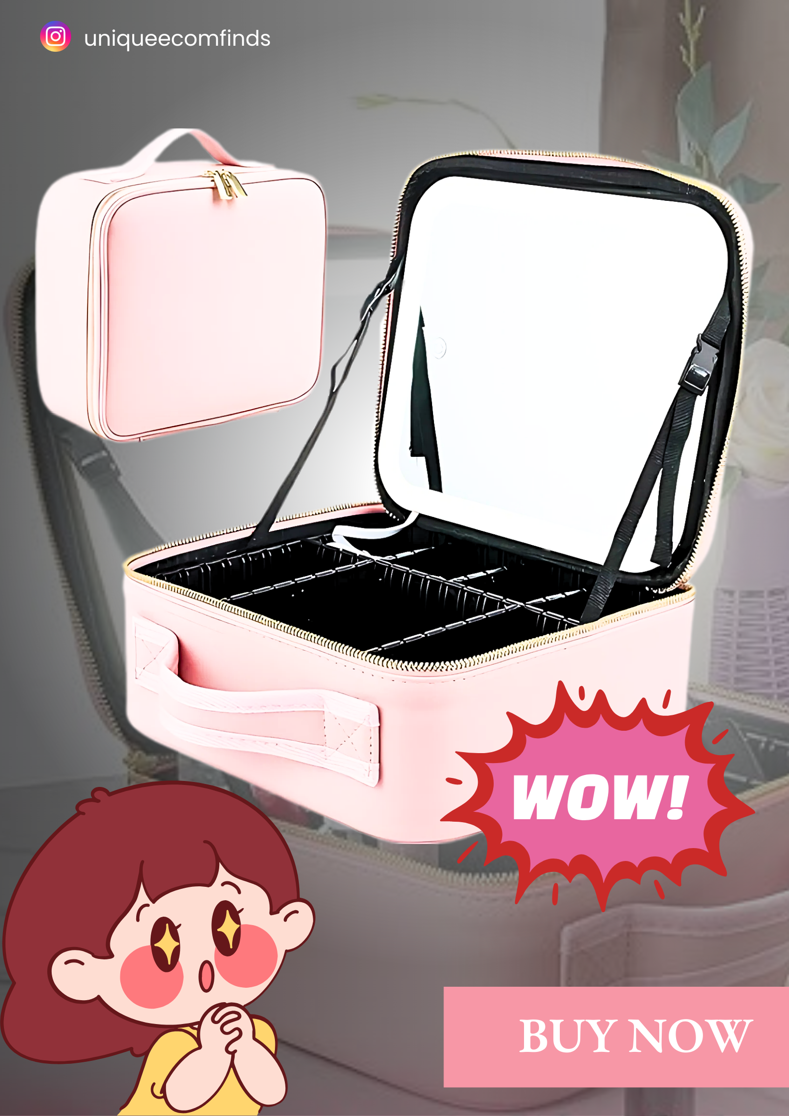 Makeup Bag with Lighted Mirror, Travel Makeup Train Case with 3-Color Setting & Adjustable Dividers, Waterproof Portable Cosmetic Bag