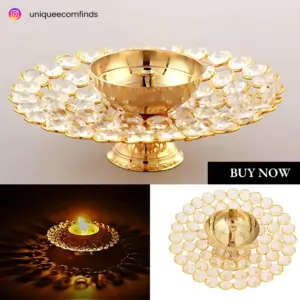 Brass Akhand Diya Oil Lamp for Puja - Large Round Crystal Deepak for Home Office Pooja Articles Decor