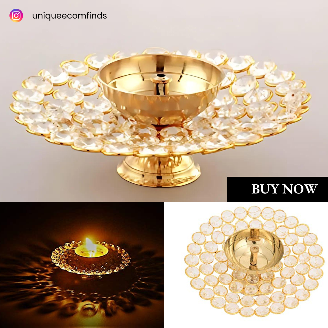 Brass Akhand Diya Oil Lamp for Puja - Large Round Crystal Deepak for Home Office Pooja Articles Decor