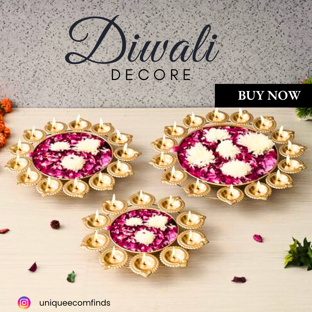 Set of 3 Golden Metal Handcrafted Decorative Urlis with Diyas - Urli Set for Home Decor - Urli Bowl for Floating Flowers - Diwali Decoration Items for Home Decor- Housewarming, Diwali Gift