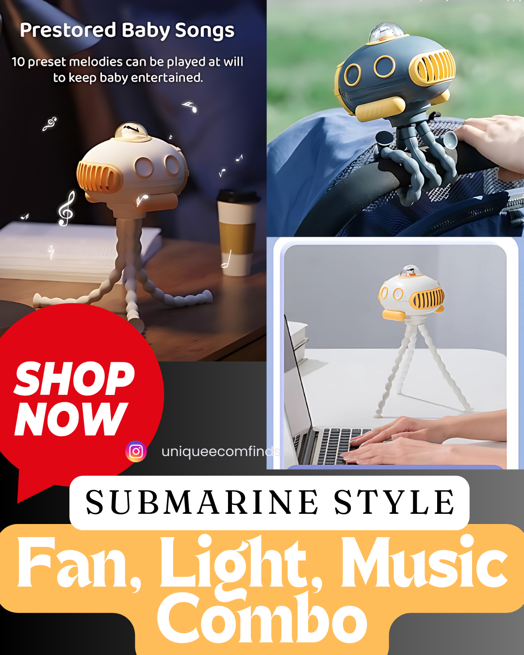 Submarine style fan, light, music combo